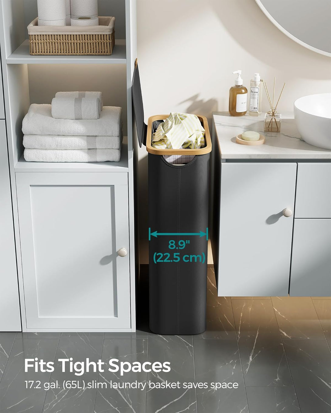 SONGMICS 65L szennyeskosár fedéllel, keskeny kialakítás, 42 × 22,5 × 70,5 cm, fekete-VASBÚTOR