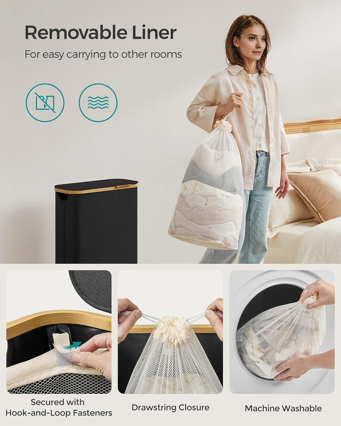 SONGMICS 65L szennyeskosár fedéllel, keskeny kialakítás, 42 × 22,5 × 70,5 cm, fekete-VASBÚTOR