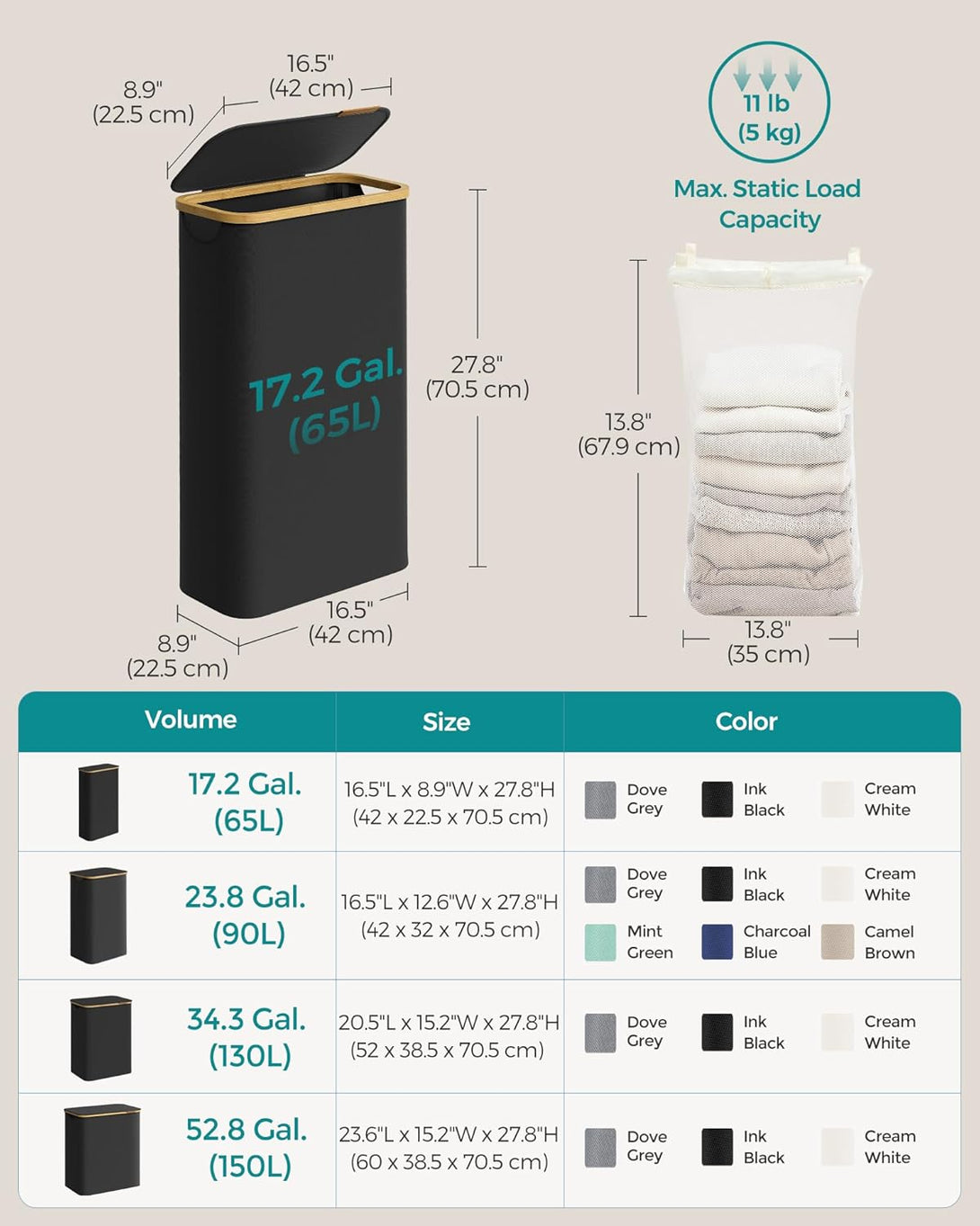 SONGMICS 65L szennyeskosár fedéllel, keskeny kialakítás, 42 × 22,5 × 70,5 cm, fekete-VASBÚTOR