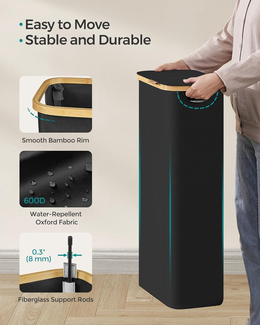 SONGMICS 65L szennyeskosár fedéllel, keskeny kialakítás, 42 × 22,5 × 70,5 cm, fekete-VASBÚTOR