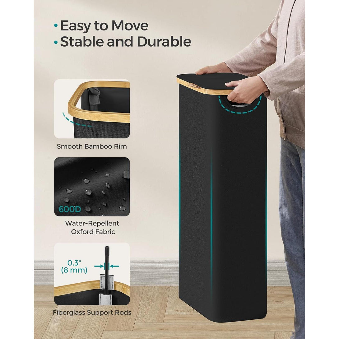 SONGMICS 65L szennyeskosár fedéllel, keskeny kialakítás, 42 × 22,5 × 70,5 cm, fekete-VASBÚTOR