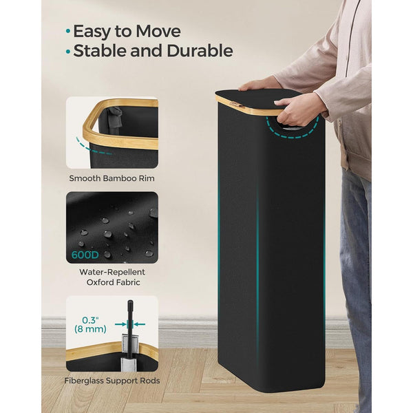 SONGMICS 65L szennyeskosár fedéllel, keskeny kialakítás, 42 × 22,5 × 70,5 cm, fekete-VASBÚTOR