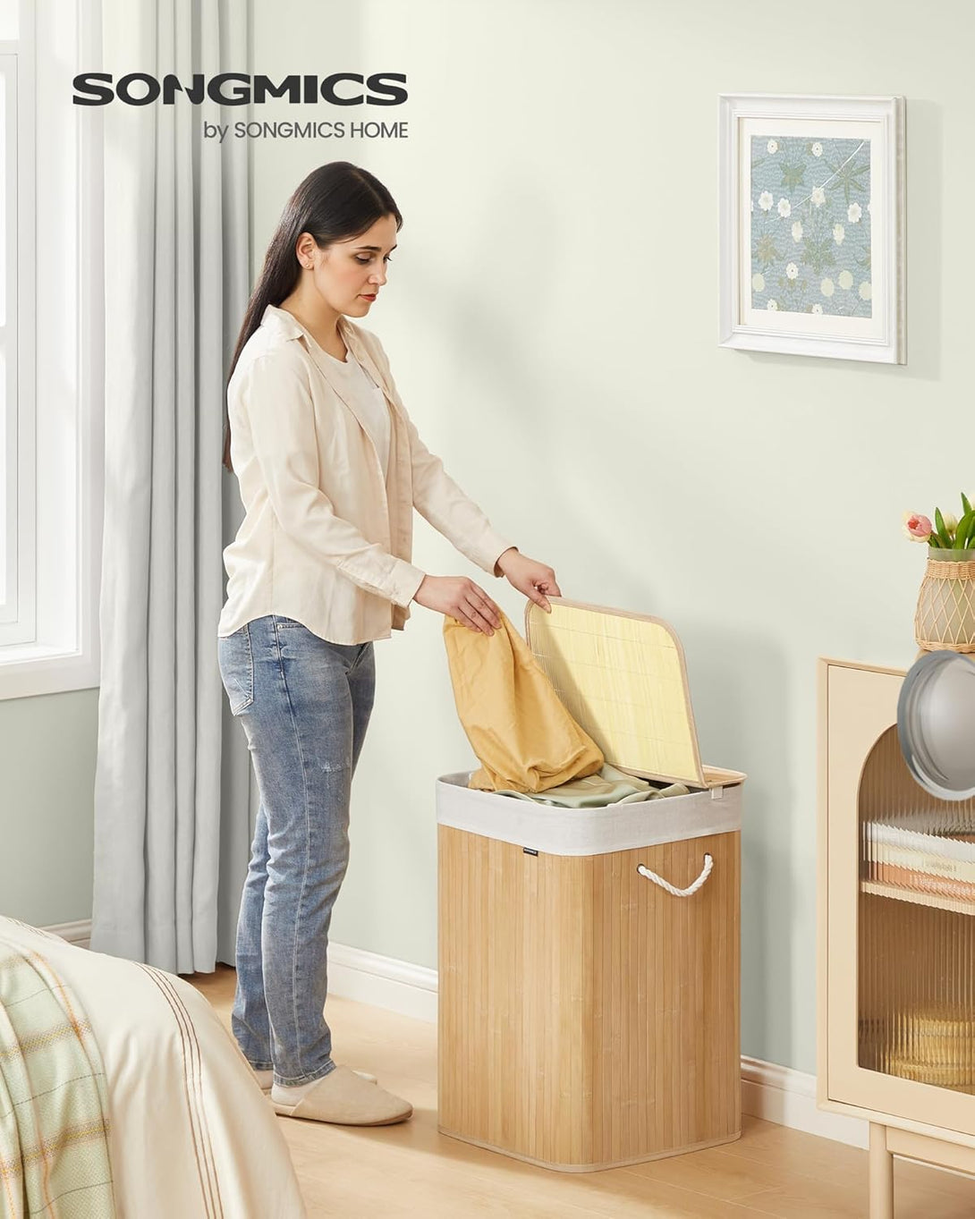 SONGMICS Bambusz szennyeskosár 95 L natúr színben-VASBÚTOR