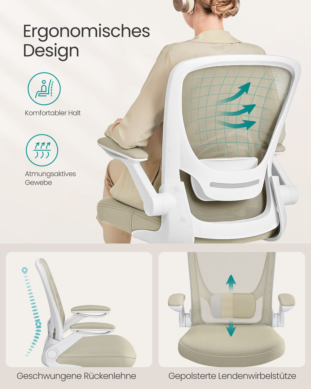 SONGMICS Ergonomikus irodai szék zabpehely-bézs színben-VASBÚTOR