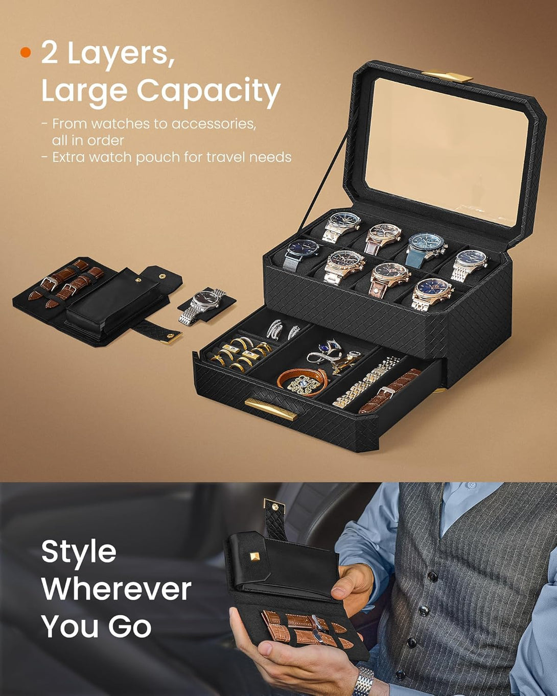 SONGMICS HOME 8 rekeszes óratartó doboz, tintafekete-VASBÚTOR