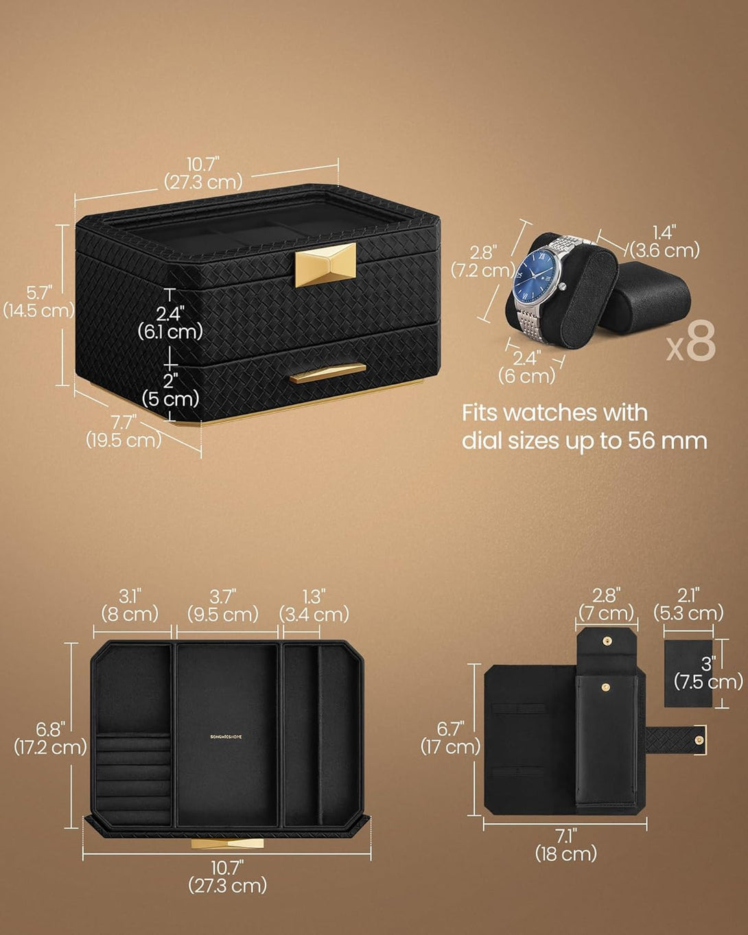 SONGMICS HOME 8 rekeszes óratartó doboz, tintafekete-VASBÚTOR