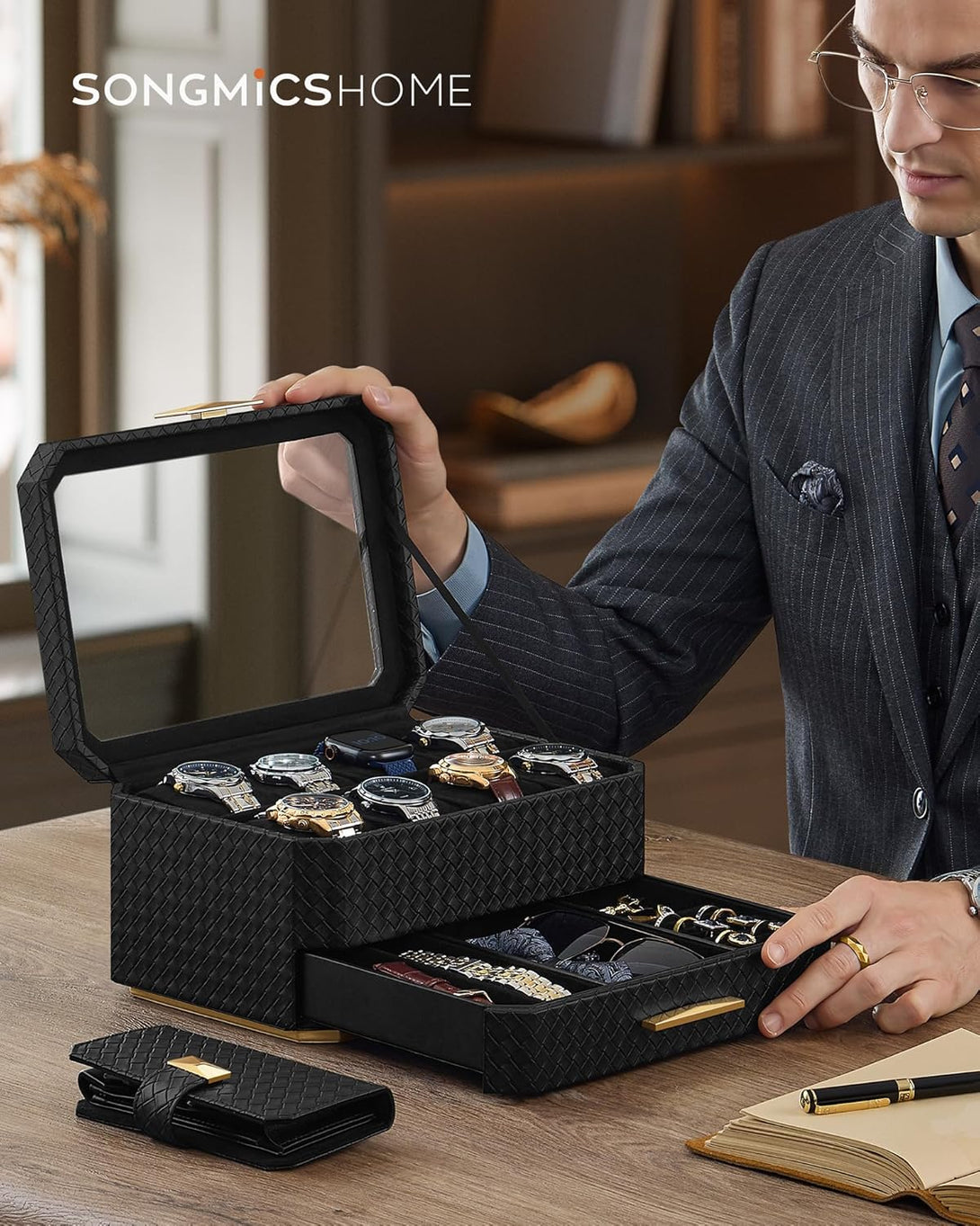 SONGMICS HOME 8 rekeszes óratartó doboz, tintafekete-VASBÚTOR