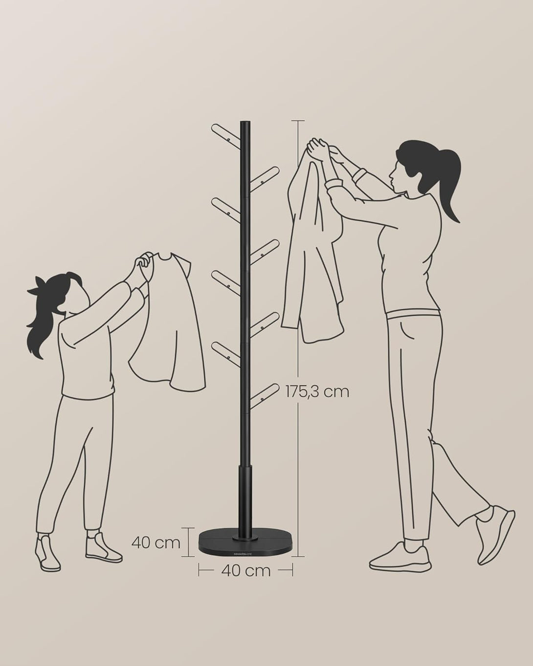 SONGMICS HOME fa alakú ruhafogas 175,3 cm magas tintafekete színben-VASBÚTOR