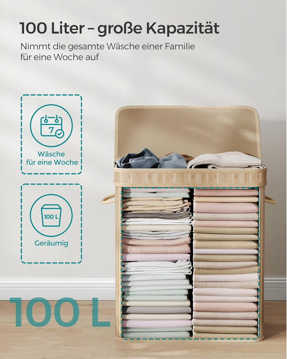 SONGMICS Ruháskosár fedéllel, 100 L-es bambusz szennyestartó-VASBÚTOR
