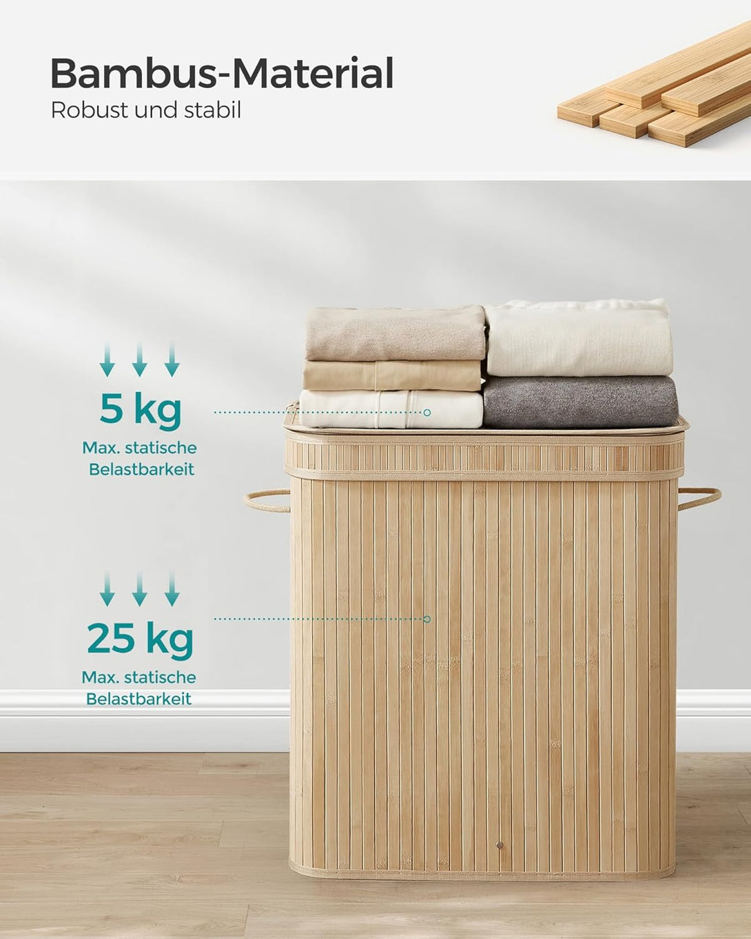 SONGMICS Ruháskosár fedéllel, 100 L-es bambusz szennyestartó-VASBÚTOR