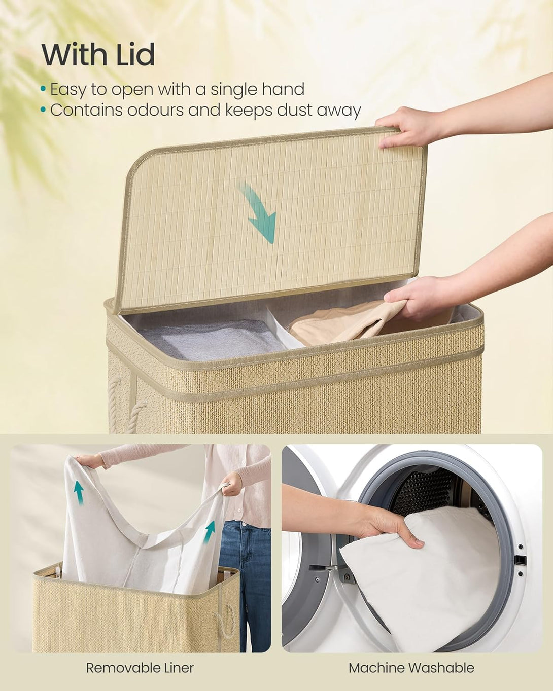 SONGMICS Szennyestartó, 2 rekeszes 130 L-es bambusz szennyeskosár-VASBÚTOR