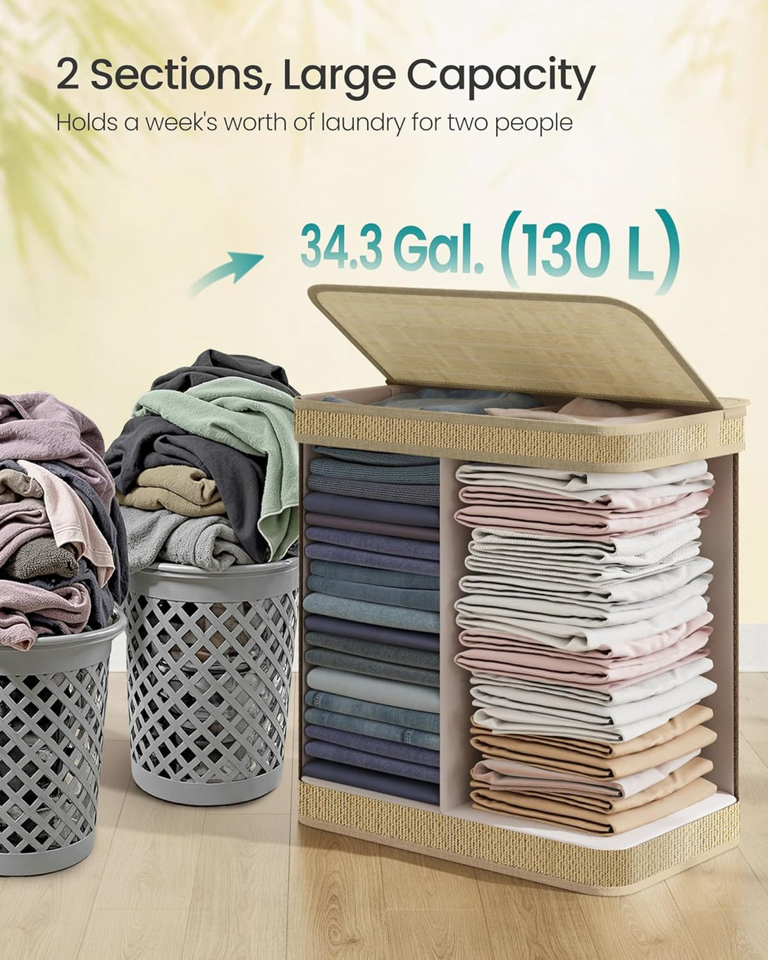 SONGMICS Szennyestartó, 2 rekeszes 130 L-es bambusz szennyeskosár-VASBÚTOR