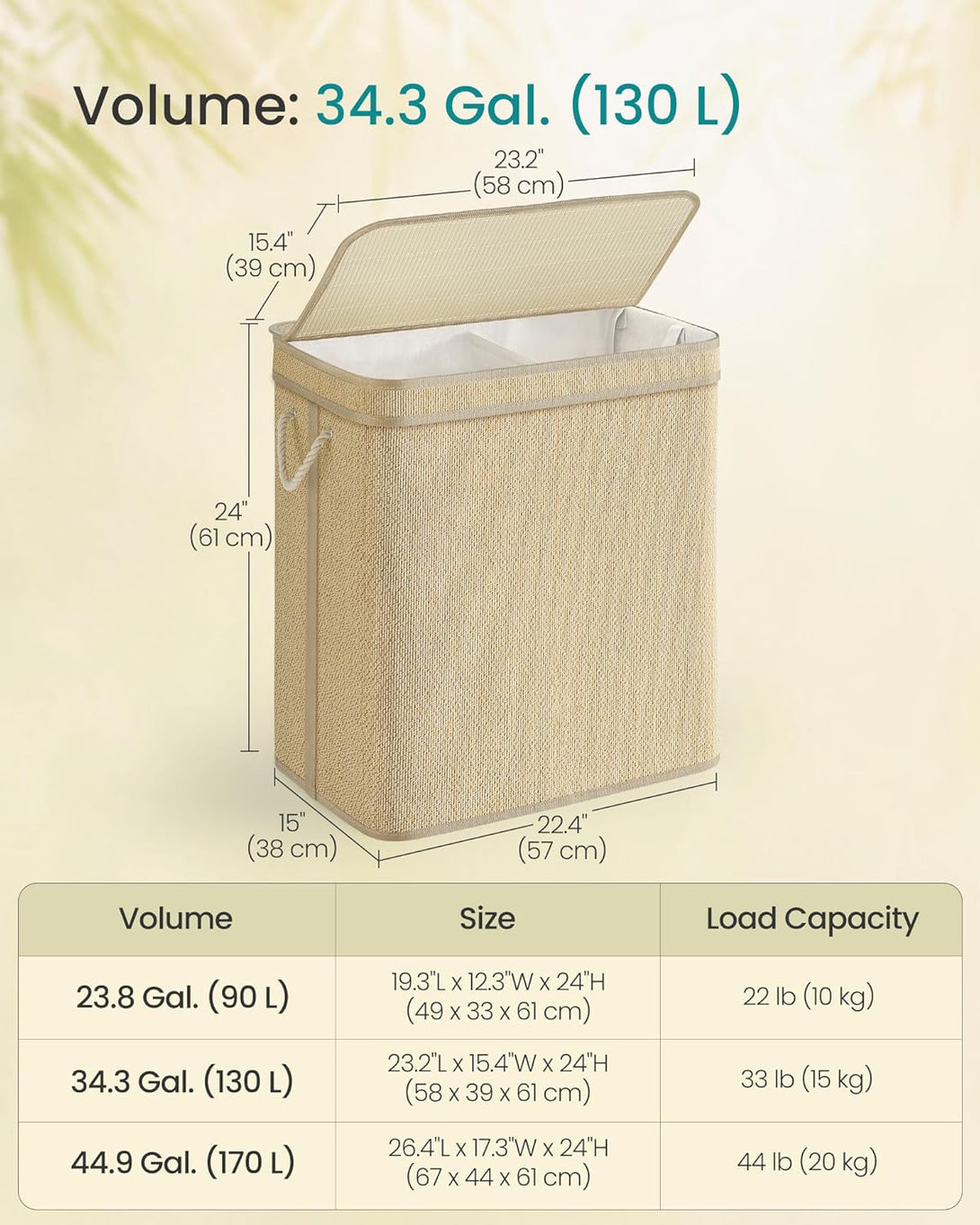 SONGMICS Szennyestartó, 2 rekeszes 130 L-es bambusz szennyeskosár-VASBÚTOR