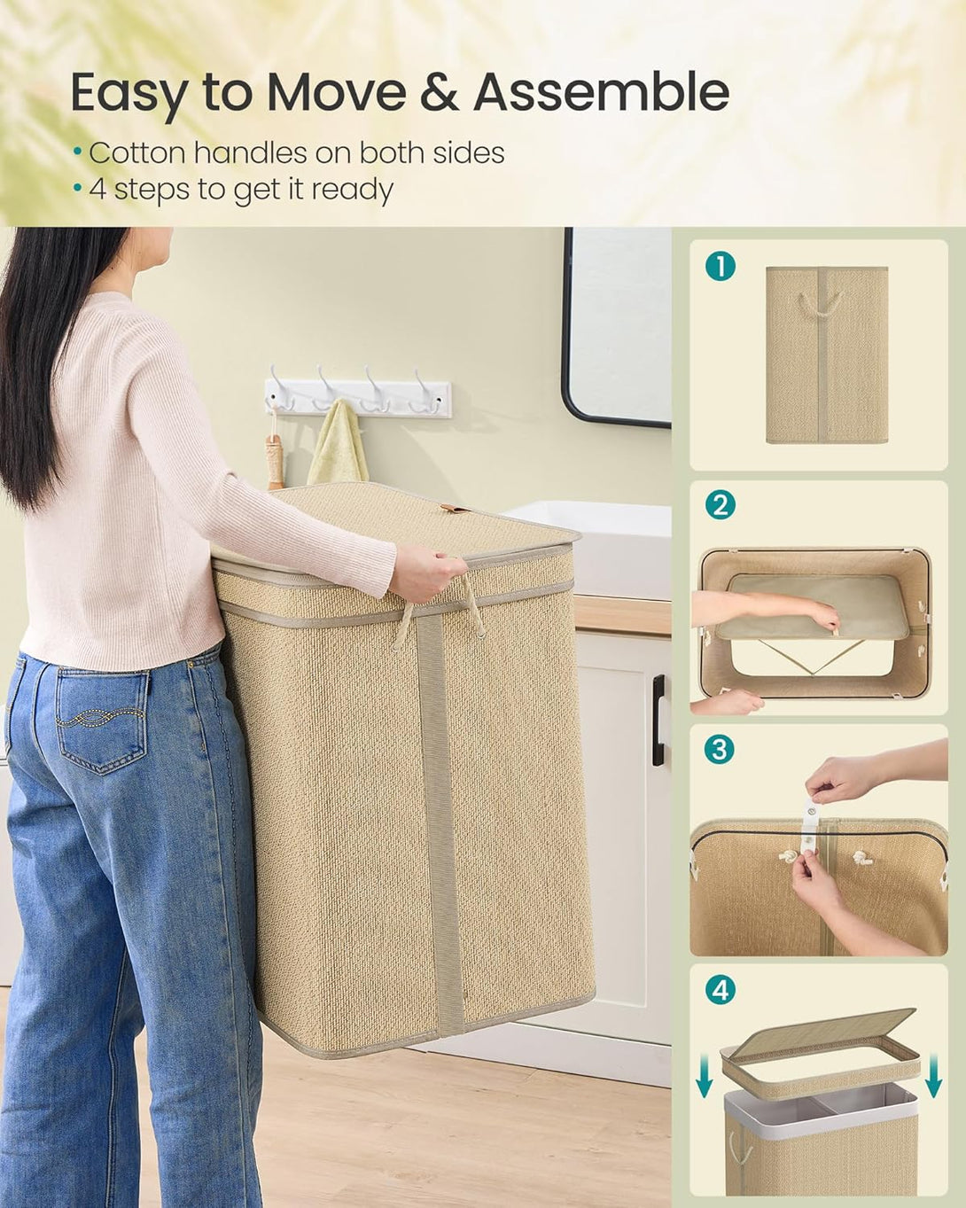 SONGMICS Szennyestartó, 2 rekeszes 130 L-es bambusz szennyeskosár-VASBÚTOR