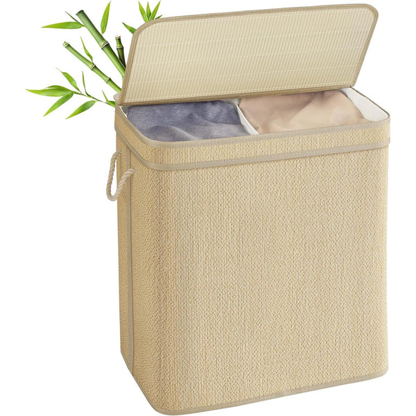 SONGMICS Szennyestartó, 2 rekeszes 130 L-es bambusz szennyeskosár-VASBÚTOR