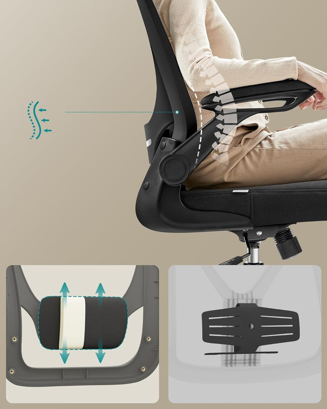 SONGMICS ergonomikus irodai szék, forgószék hálós háttámlával, fekete színben-VASBÚTOR