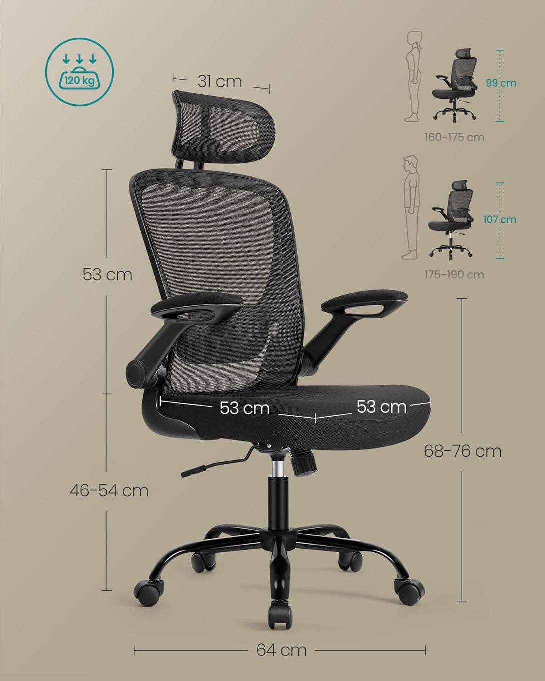 SONGMICS ergonomikus irodai szék, forgószék hálós háttámlával, fekete színben-VASBÚTOR