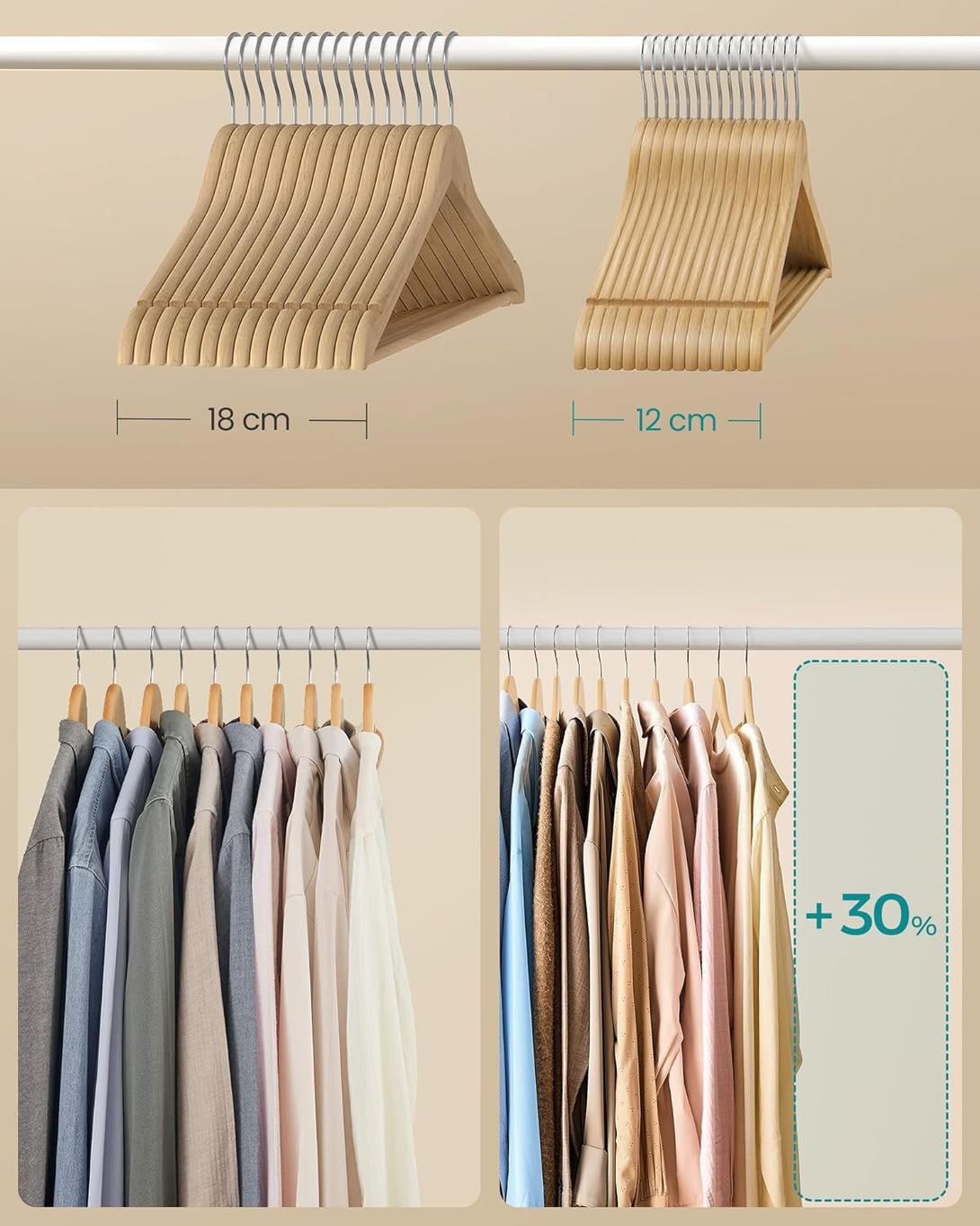 SONGMICS fa vállfa szett, 30 darabos csomag világos bézs színben-VASBÚTOR
