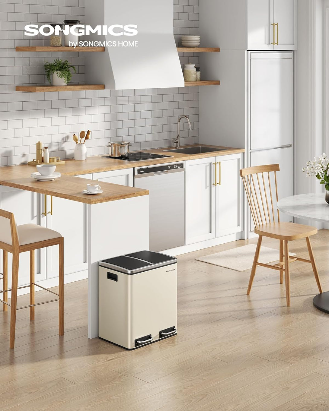 SONGMICS konyhai szemetes, 2 x 15 literes dupla kuka szelektív hulladékgyűjtéshez, homokbézs és fekete színben-VASBÚTOR