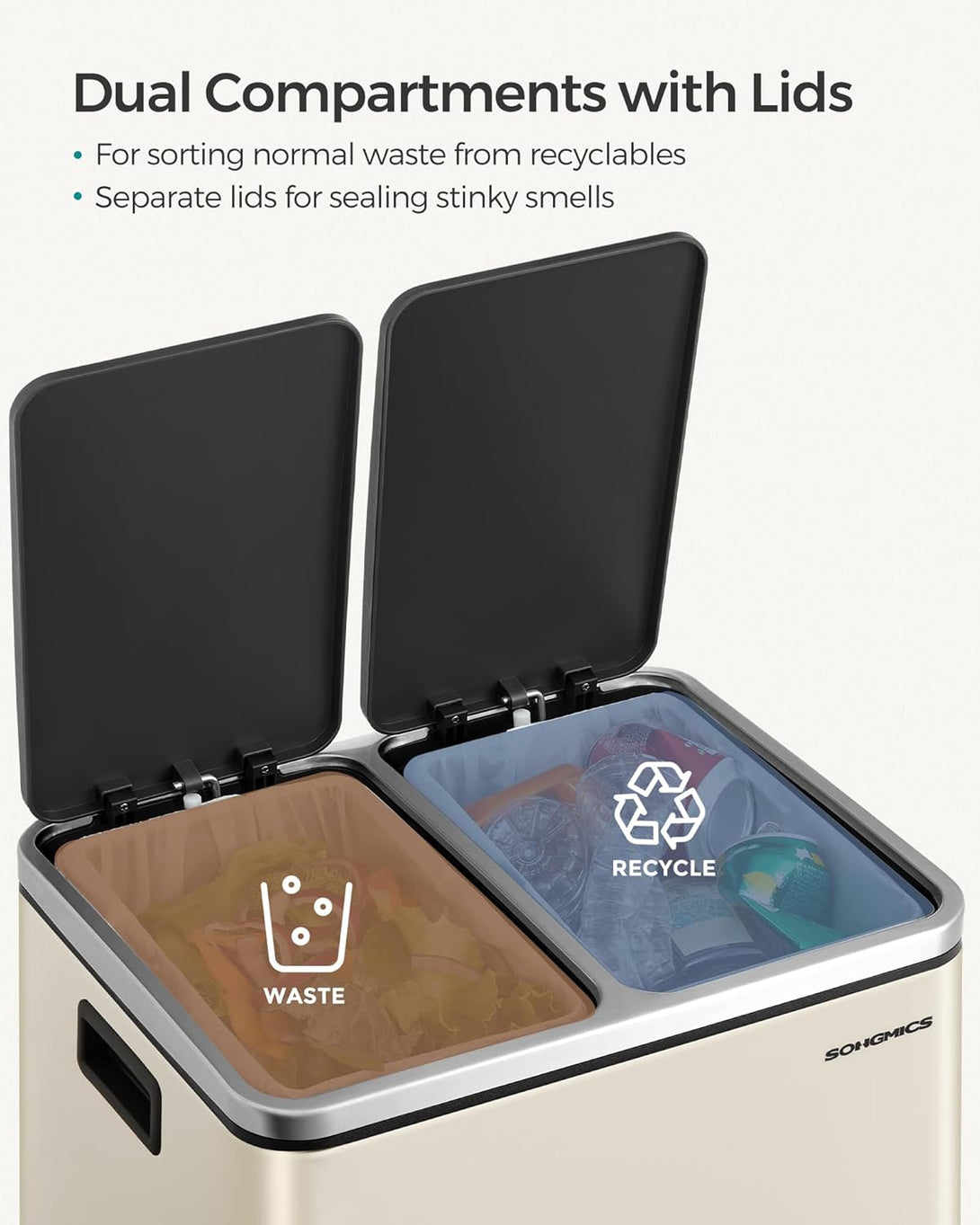 SONGMICS konyhai szemetes, 2 x 15 literes dupla kuka szelektív hulladékgyűjtéshez, homokbézs és fekete színben-VASBÚTOR