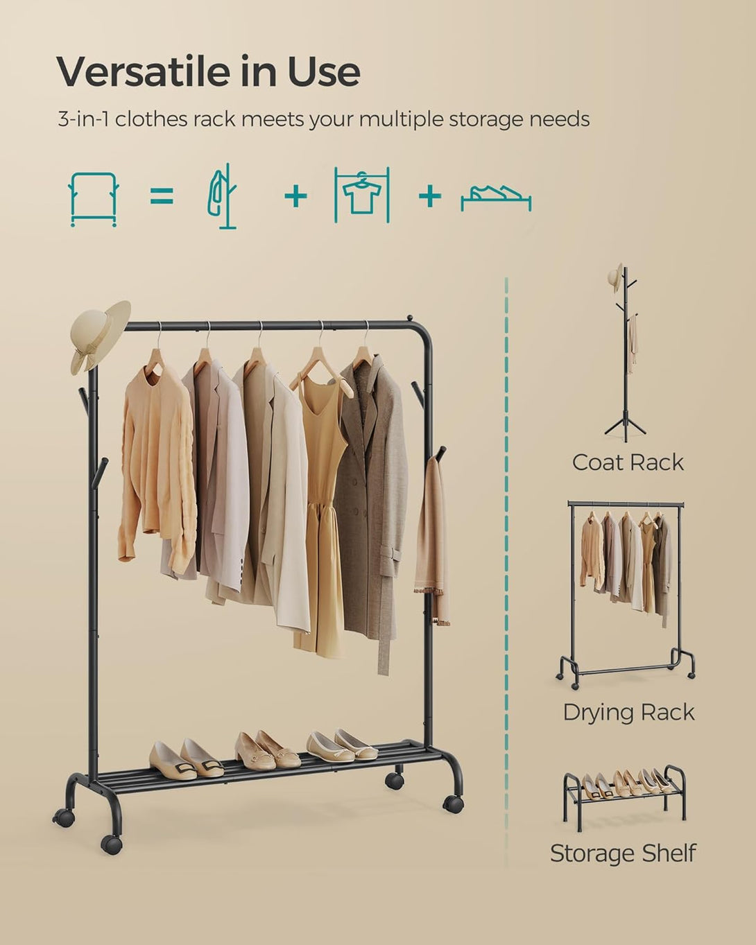 SONGMICS ruhatartó állvány 50 kg maximális teherbírással fekete színben-VASBÚTOR