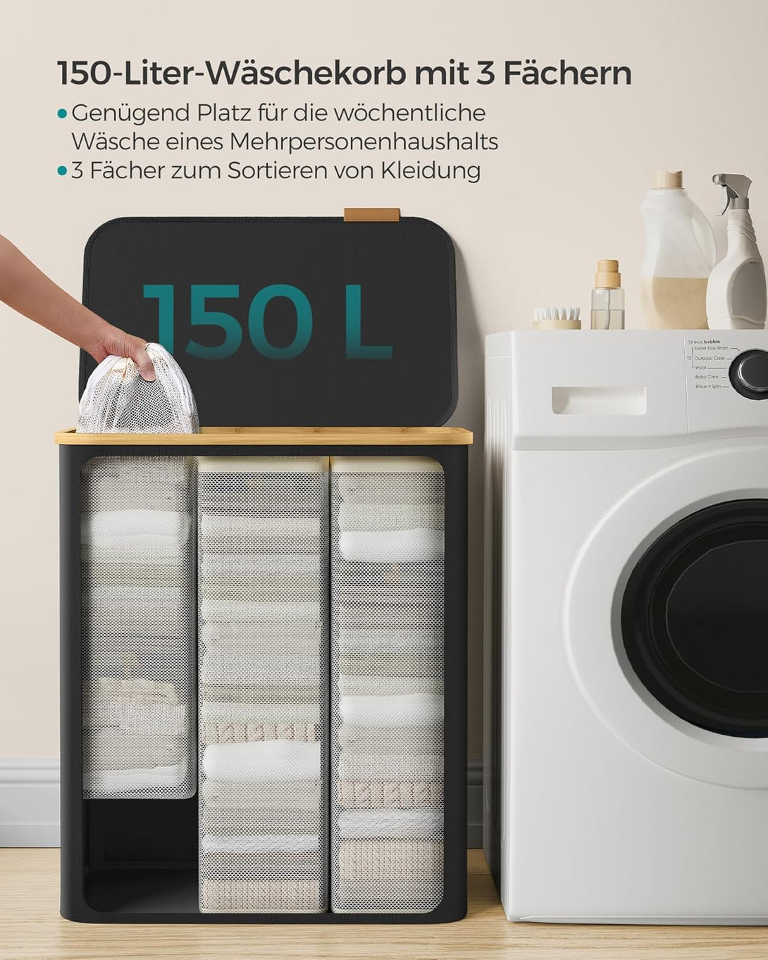 SONGMICS szennyeskosár fedéllel – 3 rekeszes ruhagyűjtő, 150 L űrtartalommal fekete színben-VASBÚTOR