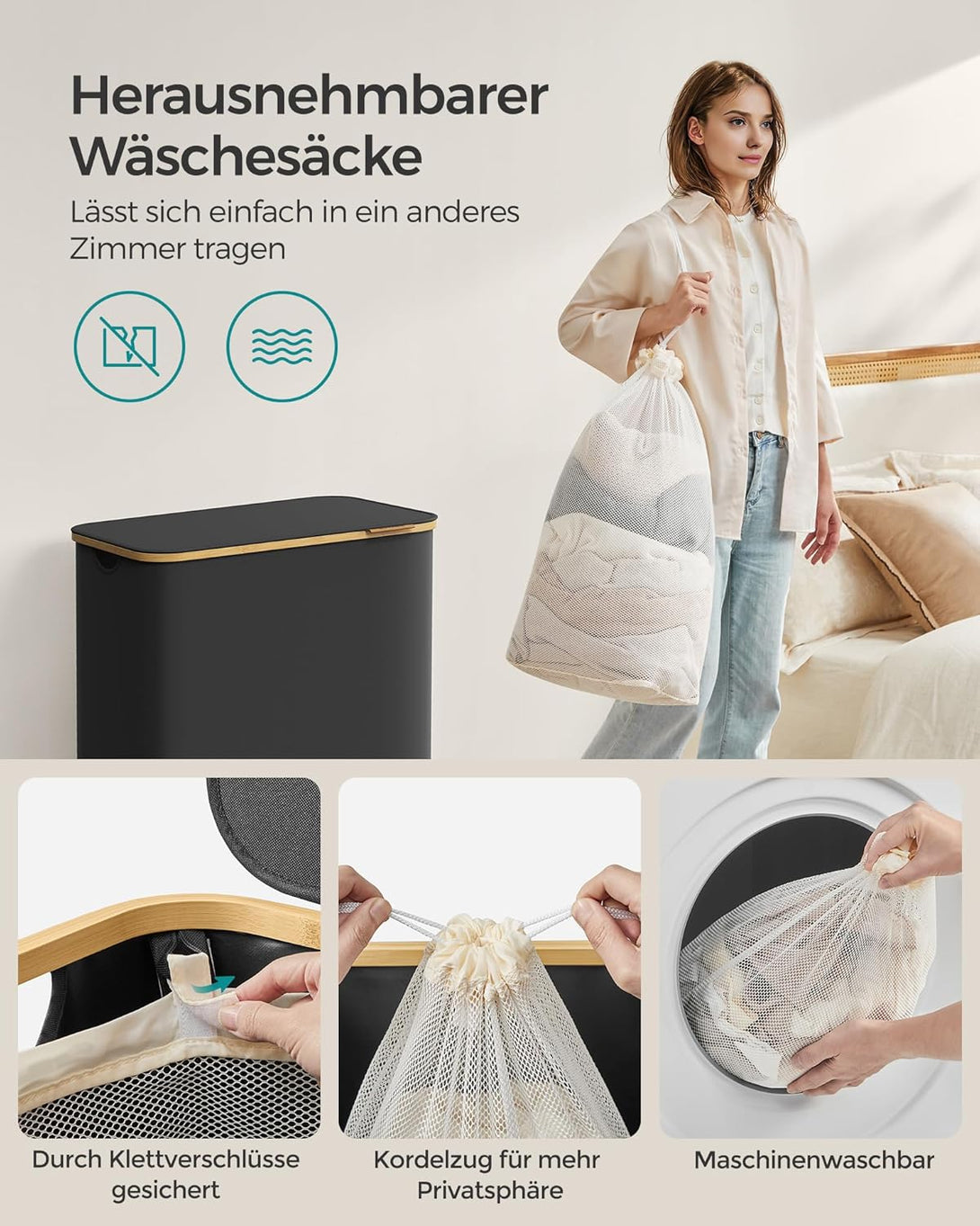 SONGMICS szennyeskosár fedéllel – 3 rekeszes ruhagyűjtő, 150 L űrtartalommal fekete színben-VASBÚTOR