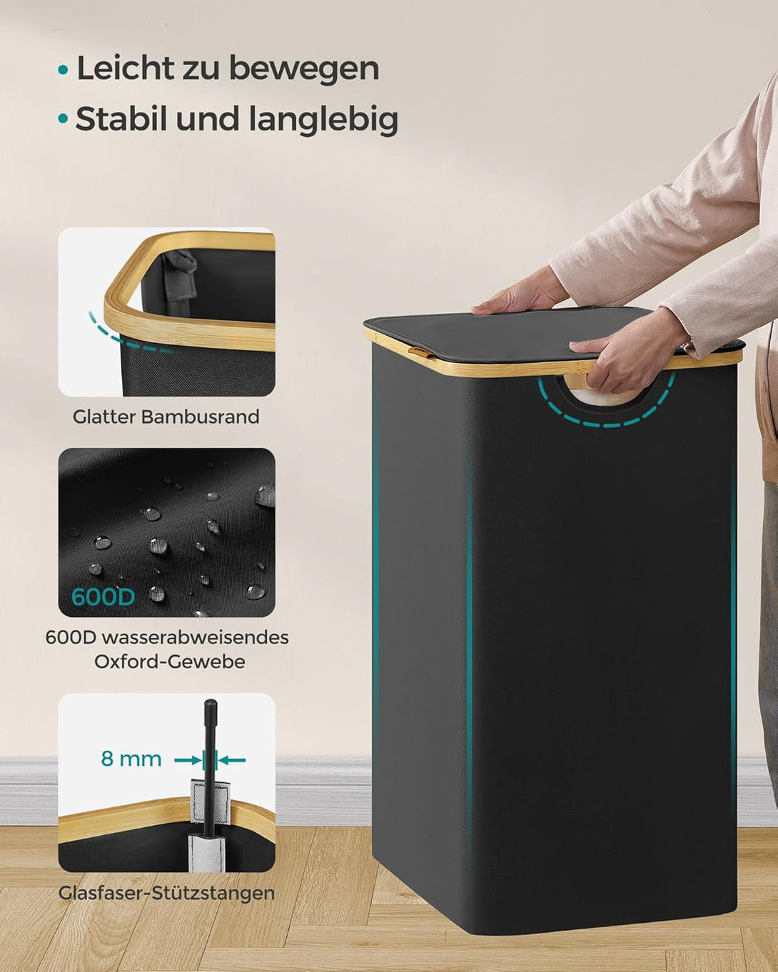 SONGMICS szennyeskosár fedéllel – 3 rekeszes ruhagyűjtő, 150 L űrtartalommal fekete színben-VASBÚTOR