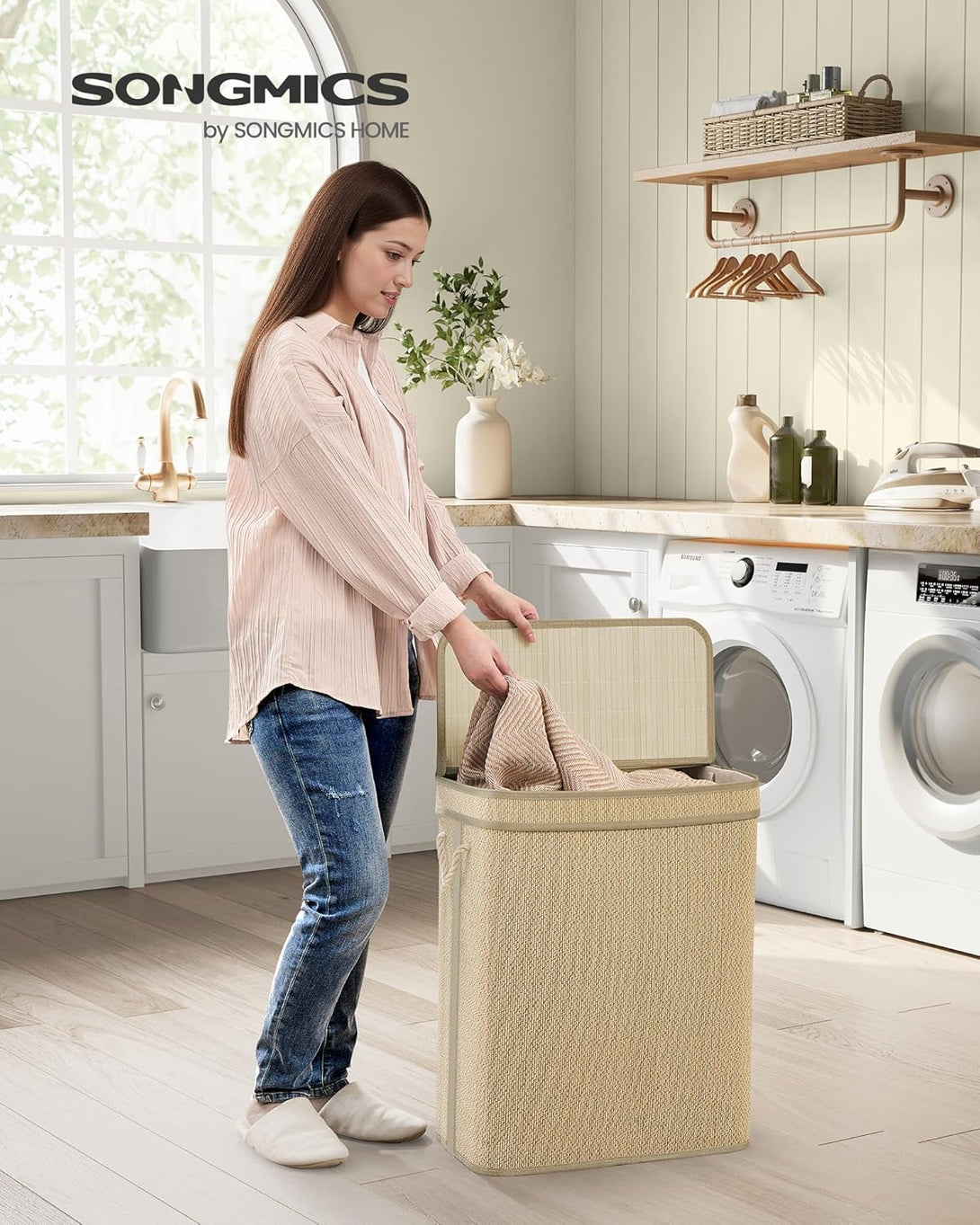 SONGMICS szennyestartó kosár, mosókosár, 90 L-es bambusz ruhatartó-VASBÚTOR