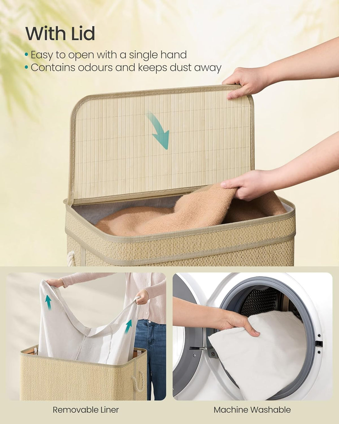 SONGMICS szennyestartó kosár, mosókosár, 90 L-es bambusz ruhatartó-VASBÚTOR