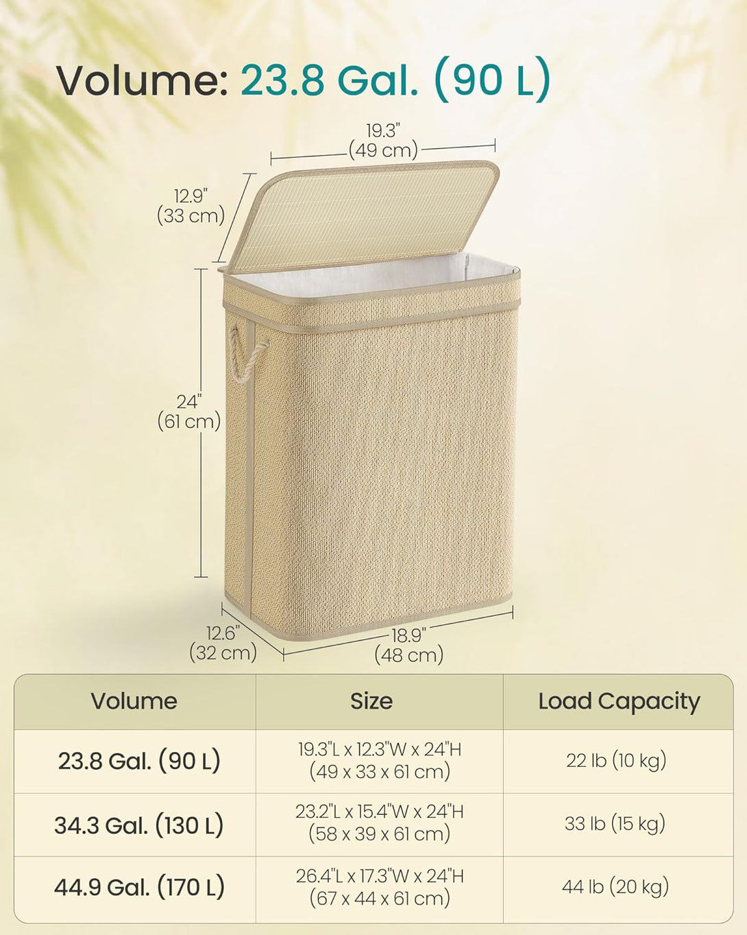 SONGMICS szennyestartó kosár, mosókosár, 90 L-es bambusz ruhatartó-VASBÚTOR