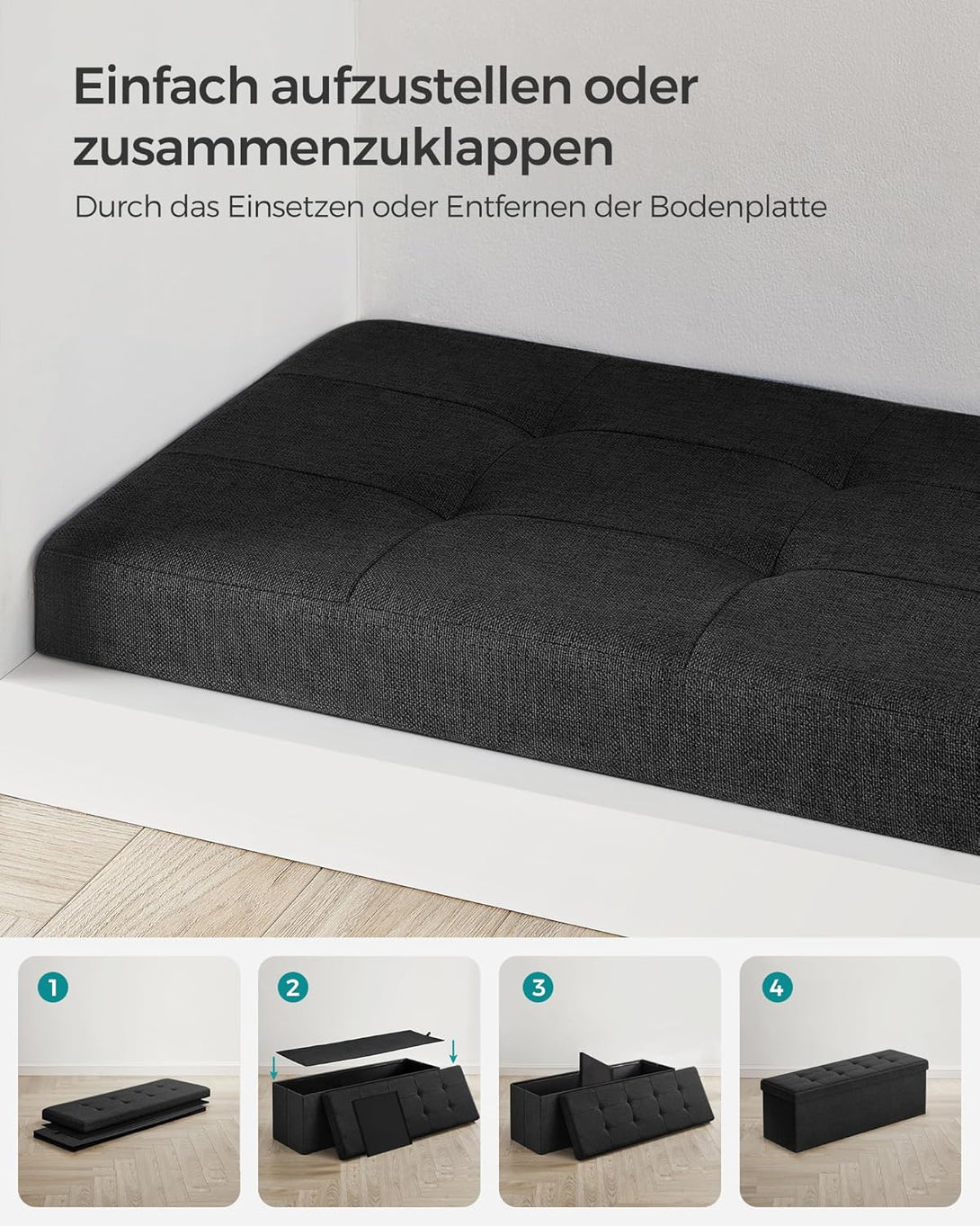 SONGMICS tárolós ülőke – összecsukható pad, 38 × 110 × 38 cm, tinta­fekete színben-VASBÚTOR