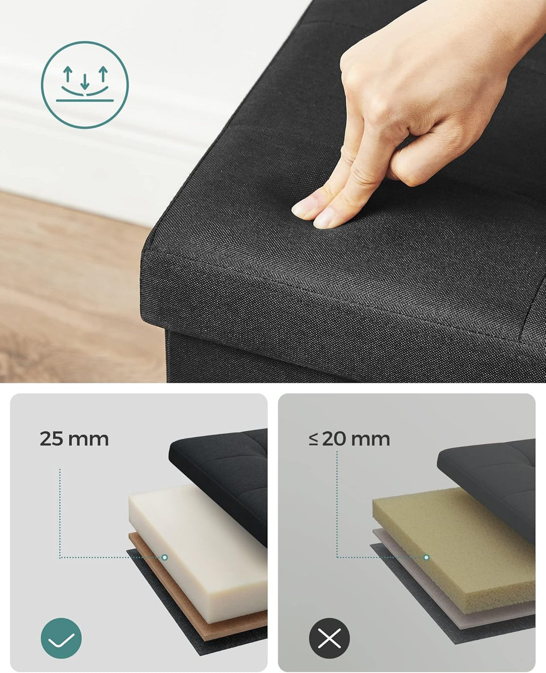SONGMICS tárolós ülőke – összecsukható pad, 38 × 110 × 38 cm, tinta­fekete színben-VASBÚTOR