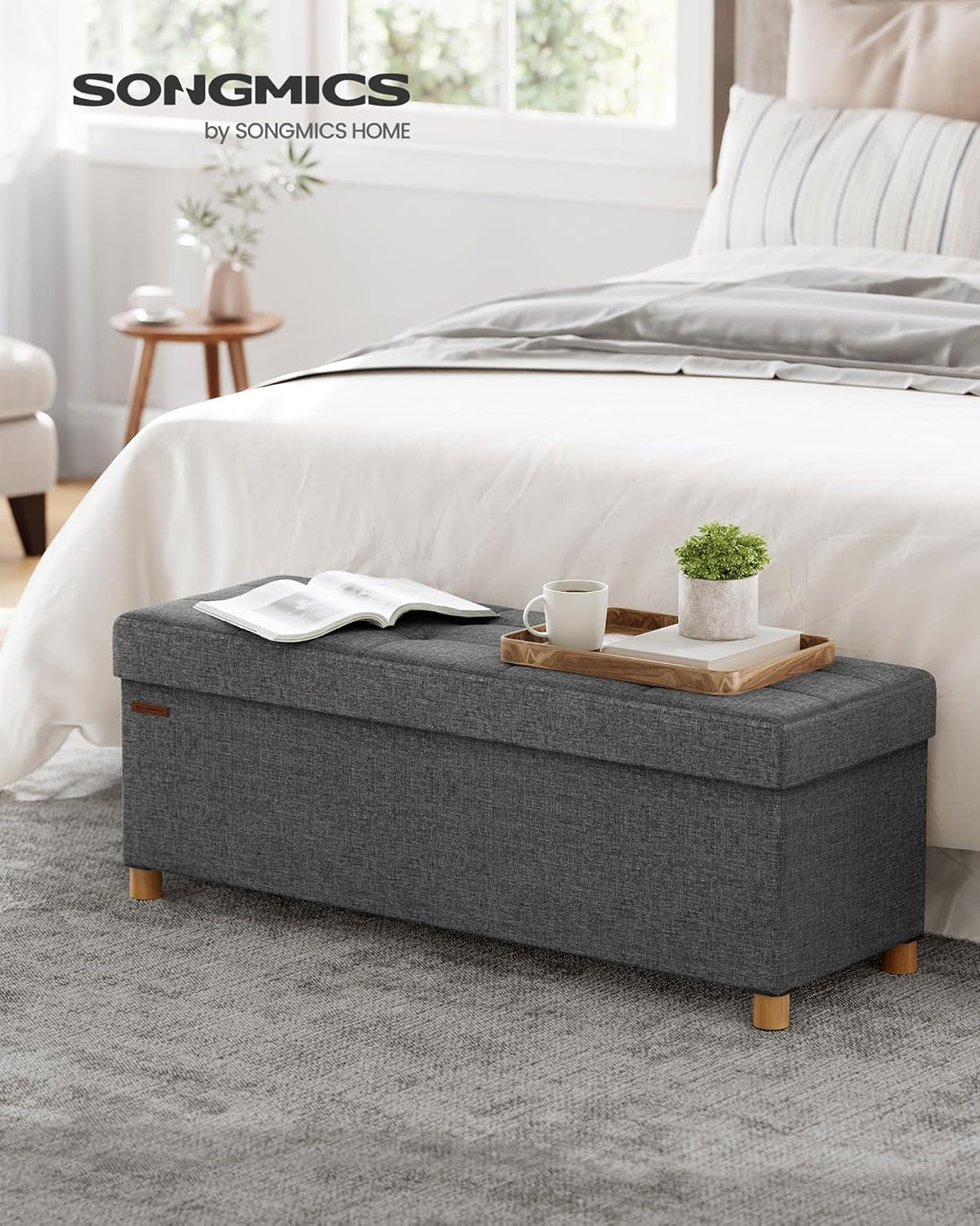 SONGMICS tárolós ülőke, összecsukható pad lábakkal, 38 × 110 × 40 cm, szürke színben-VASBÚTOR
