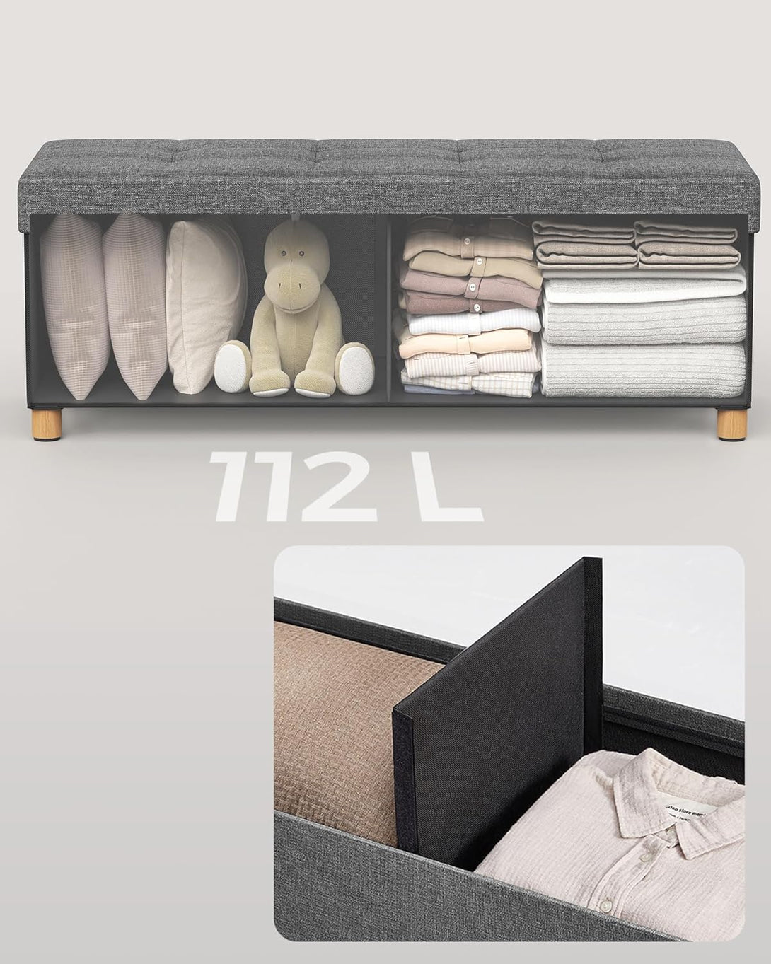 SONGMICS tárolós ülőke, összecsukható pad lábakkal, 38 × 110 × 40 cm, szürke színben-VASBÚTOR