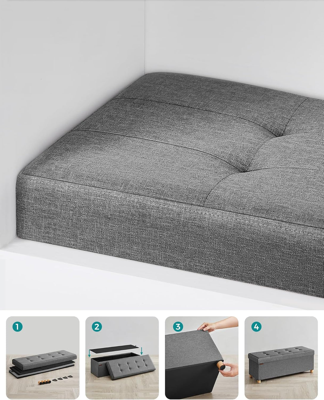 SONGMICS tárolós ülőke, összecsukható pad lábakkal, 38 × 110 × 40 cm, szürke színben-VASBÚTOR