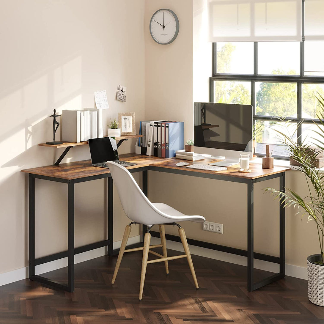 Sarok íróasztal, L-alakú számítógép asztal, rusztikus barna-VASBÚTOR