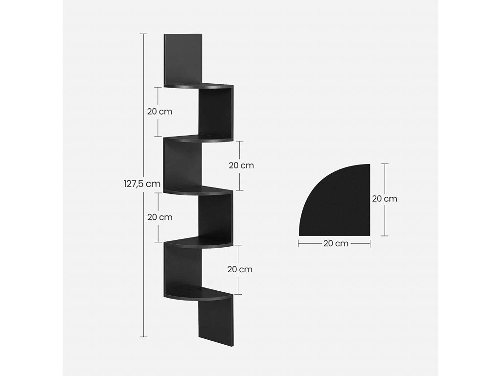Sarokpolc, 5 szintes fali polc cikkcakkos kialakítással, fekete-VASBÚTOR