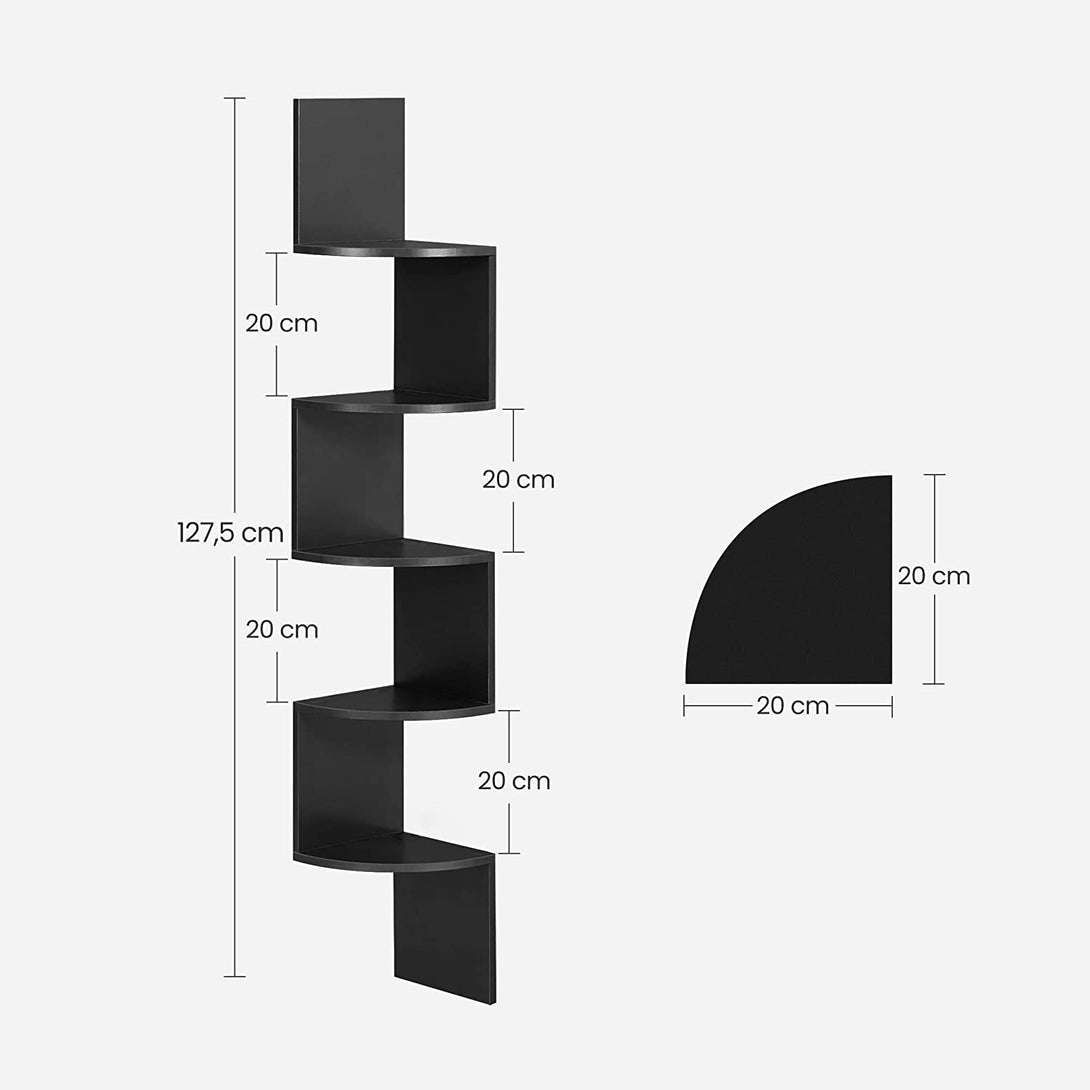 Sarokpolc, Fali polc 5 szintes falra szerelhető 20 x 20 x 127,5cm, fekete-VASBÚTOR
