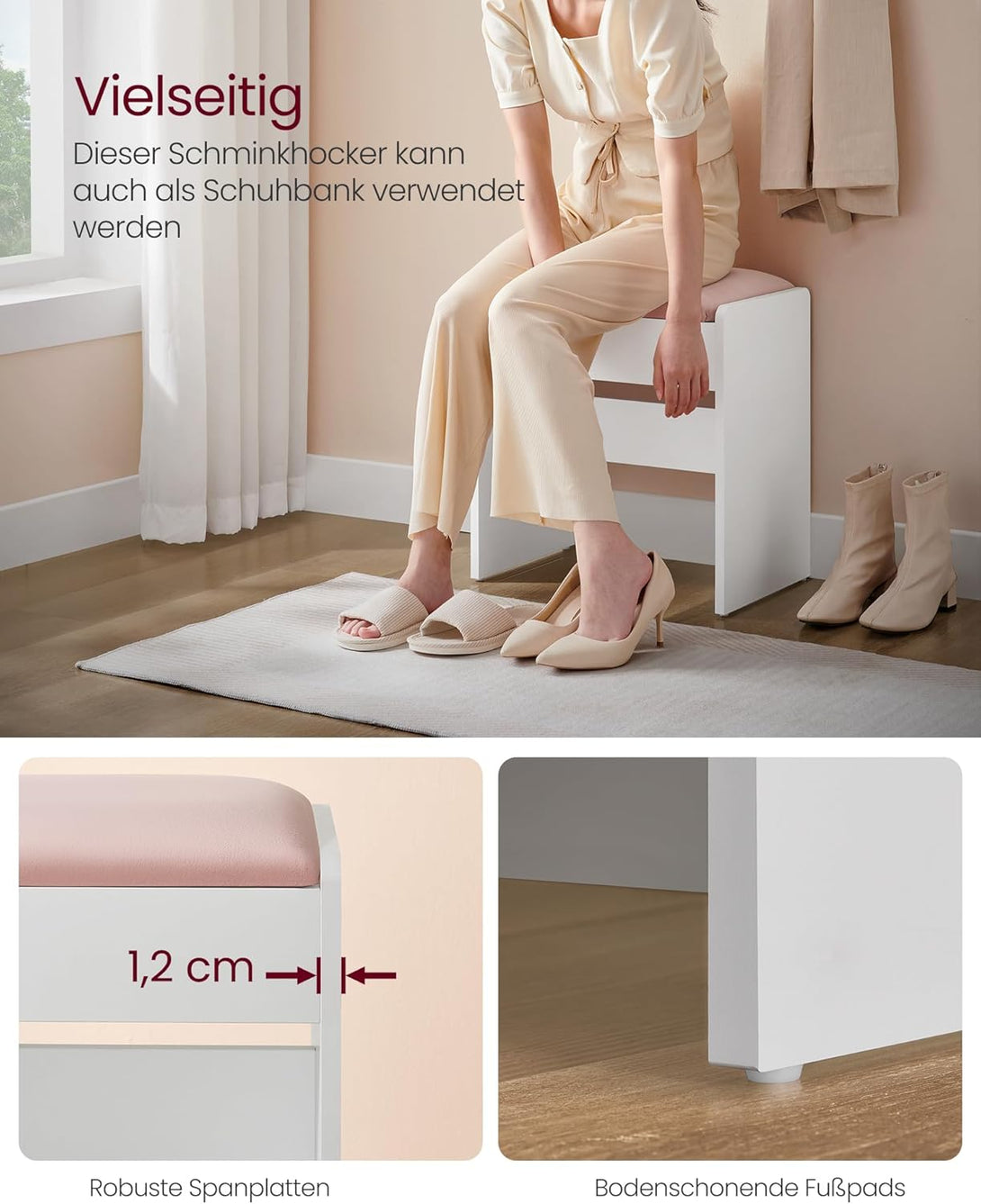 Sminkasztalhoz való ülőke, mattfehér–pasztell rózsaszín-VASBÚTOR