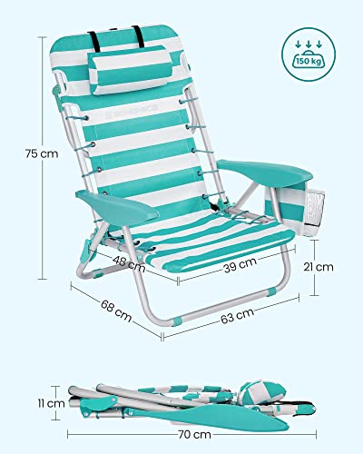 Strandszék, összecsukható kempingszék, hordozható kültéri szék, állítható háttámlával, zöld és fehér-VASBÚTOR