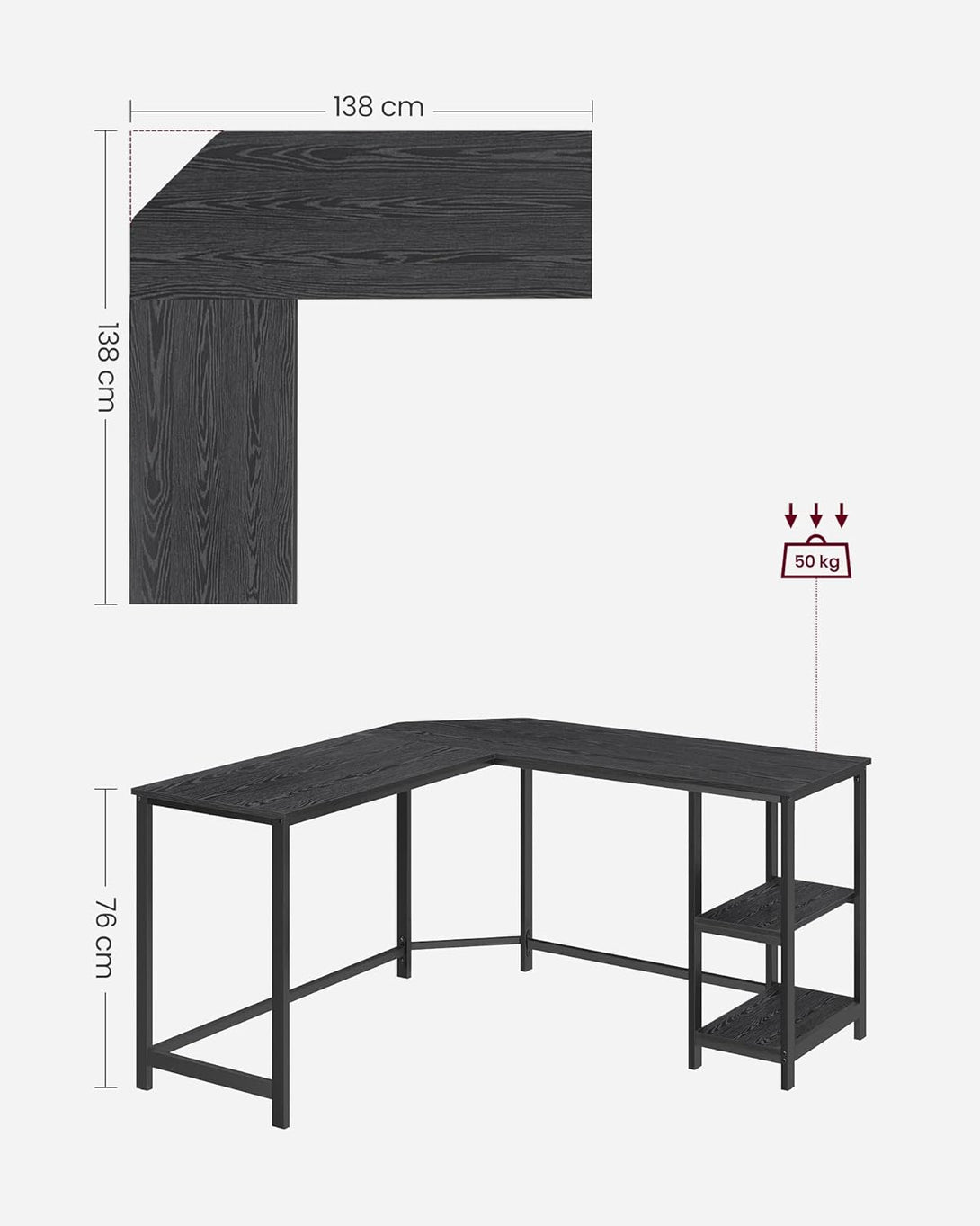 Számítógépes asztal, L-alakú sarok íróasztal, 2 tárolópolccal, fekete-VASBÚTOR