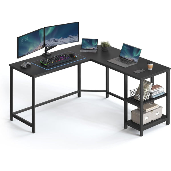 Számítógépes asztal, L-alakú sarok íróasztal, 2 tárolópolccal, fekete-VASBÚTOR