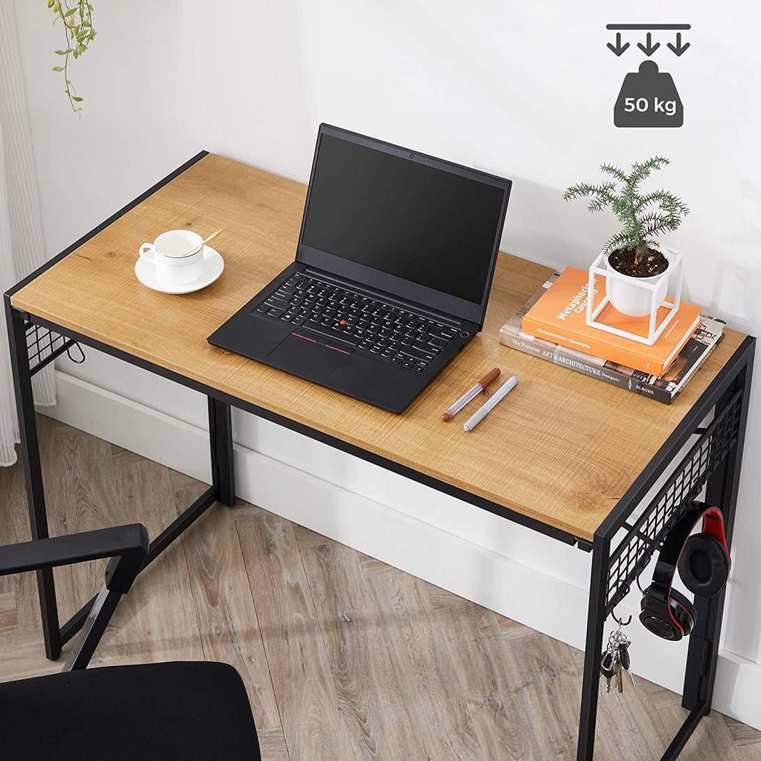 Számítógépes asztal, összecsukható íróasztal 8 kampóval, mézbarna-VASBÚTOR