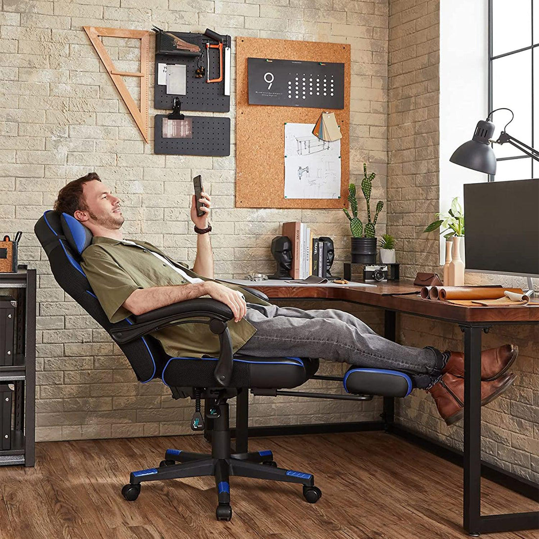 Szék, irodai szék fejtámlával, ergonomikus, fekete-kék-VASBÚTOR