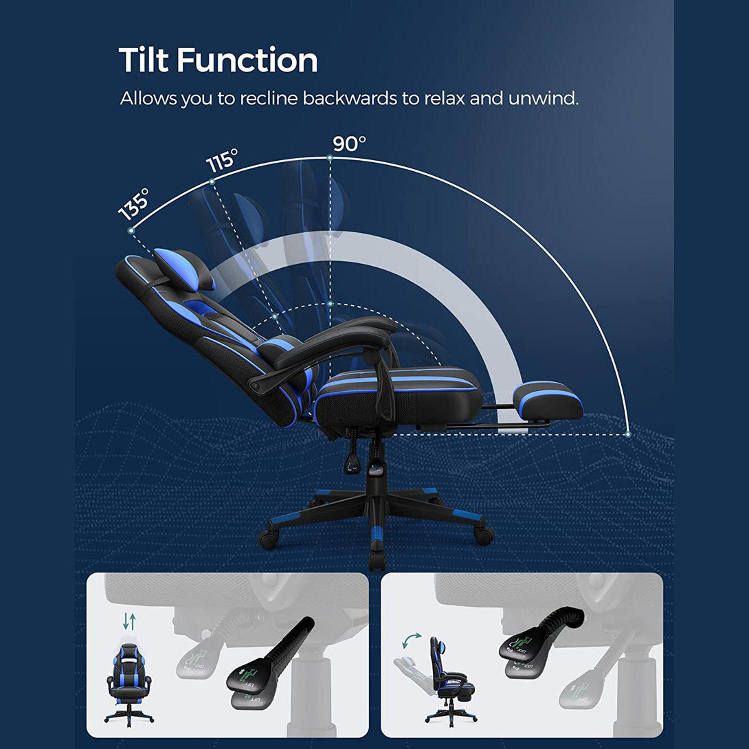 Szék, irodai szék fejtámlával, ergonomikus, fekete-kék-VASBÚTOR