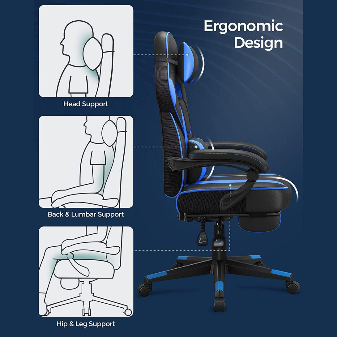 Szék, irodai szék fejtámlával, ergonomikus, fekete-kék-VASBÚTOR