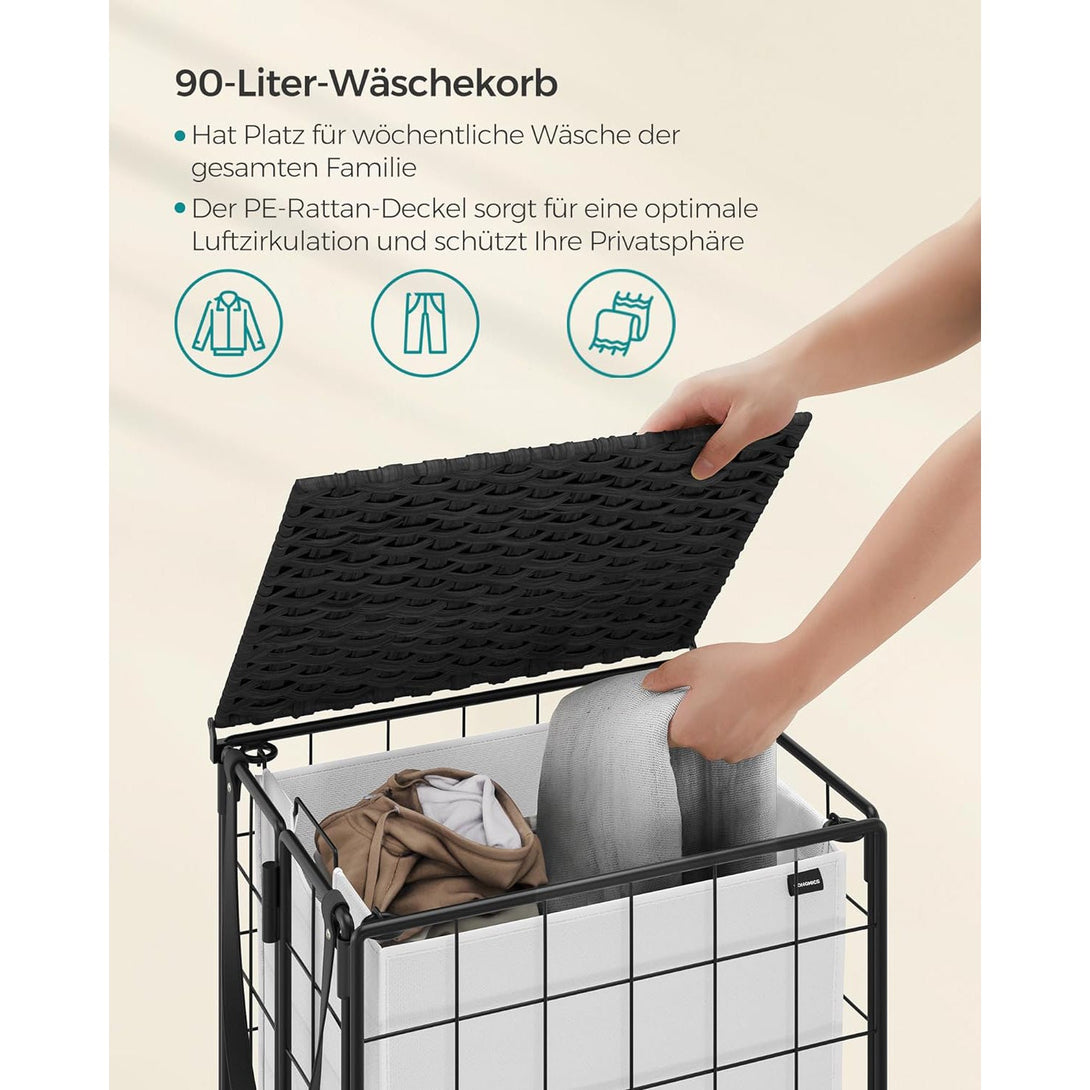 Szennyeskosár, 90 l, összecsukható szennyeskosár kerekekkel, fekete-fehér-VASBÚTOR