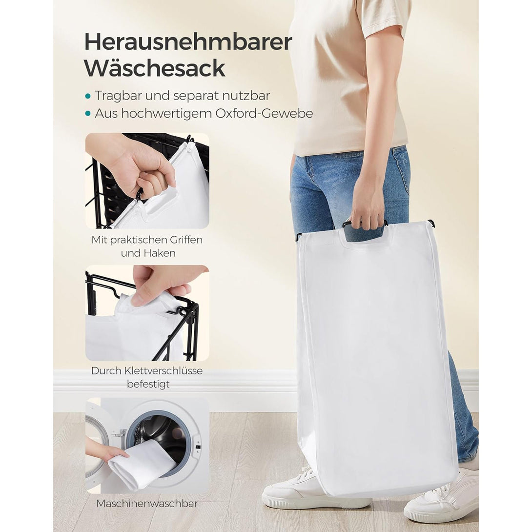 Szennyeskosár, 90 l, összecsukható szennyeskosár kerekekkel, fekete-fehér-VASBÚTOR