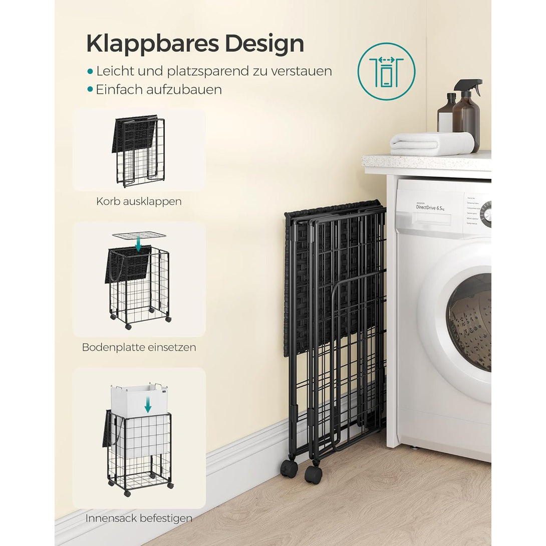 Szennyeskosár, 90 l, összecsukható szennyeskosár kerekekkel, fekete-fehér-VASBÚTOR